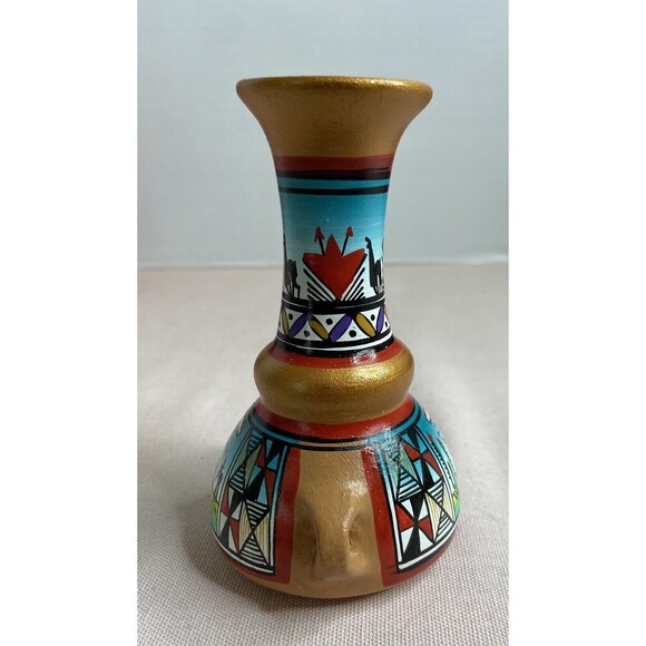 Terracotta Pottery Vase Hand Painted Colorful  5” Tall - Picture 2 of 6